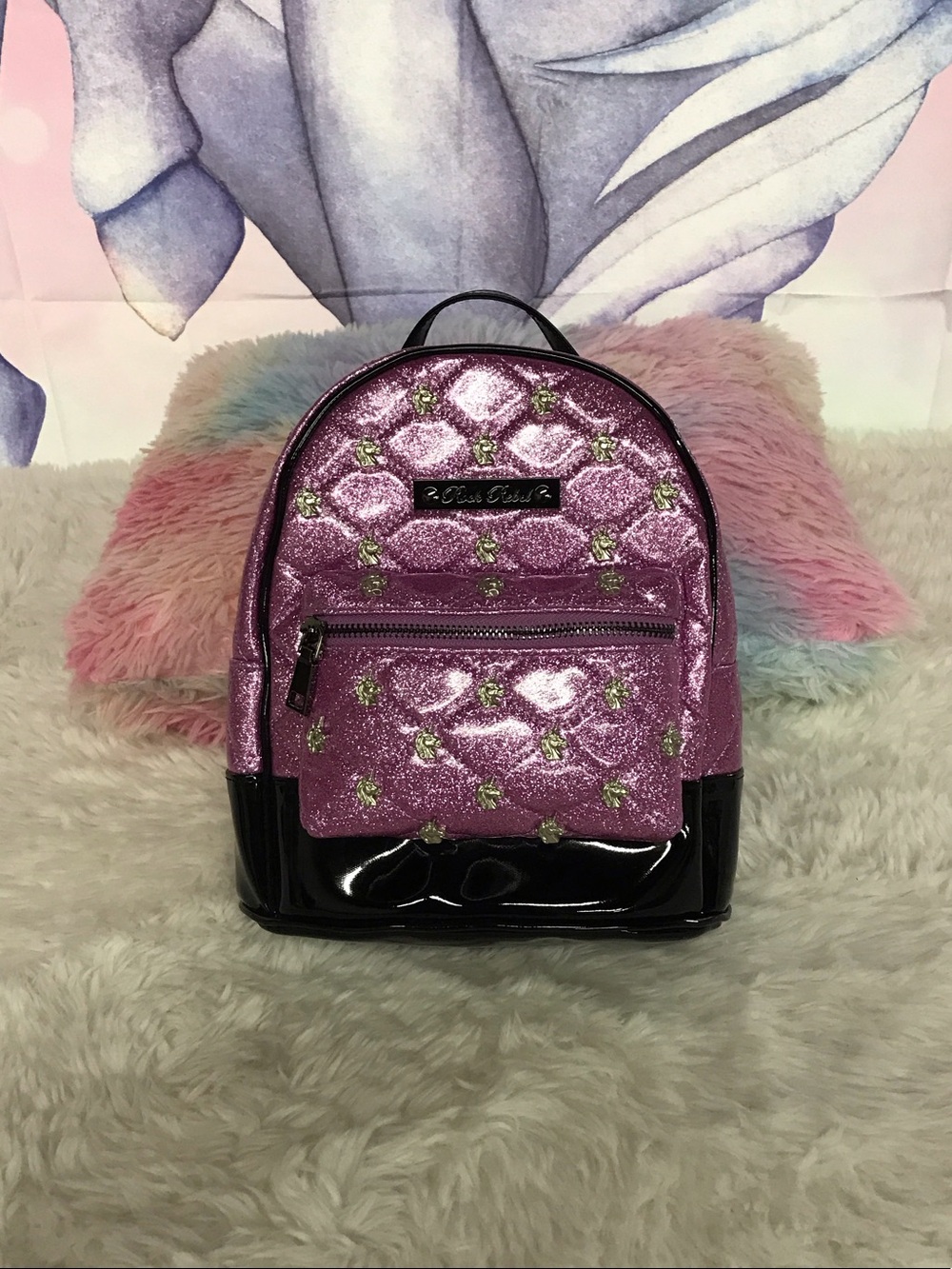 Quilted Glitter Pink Mini Backpack with Black Patent Base